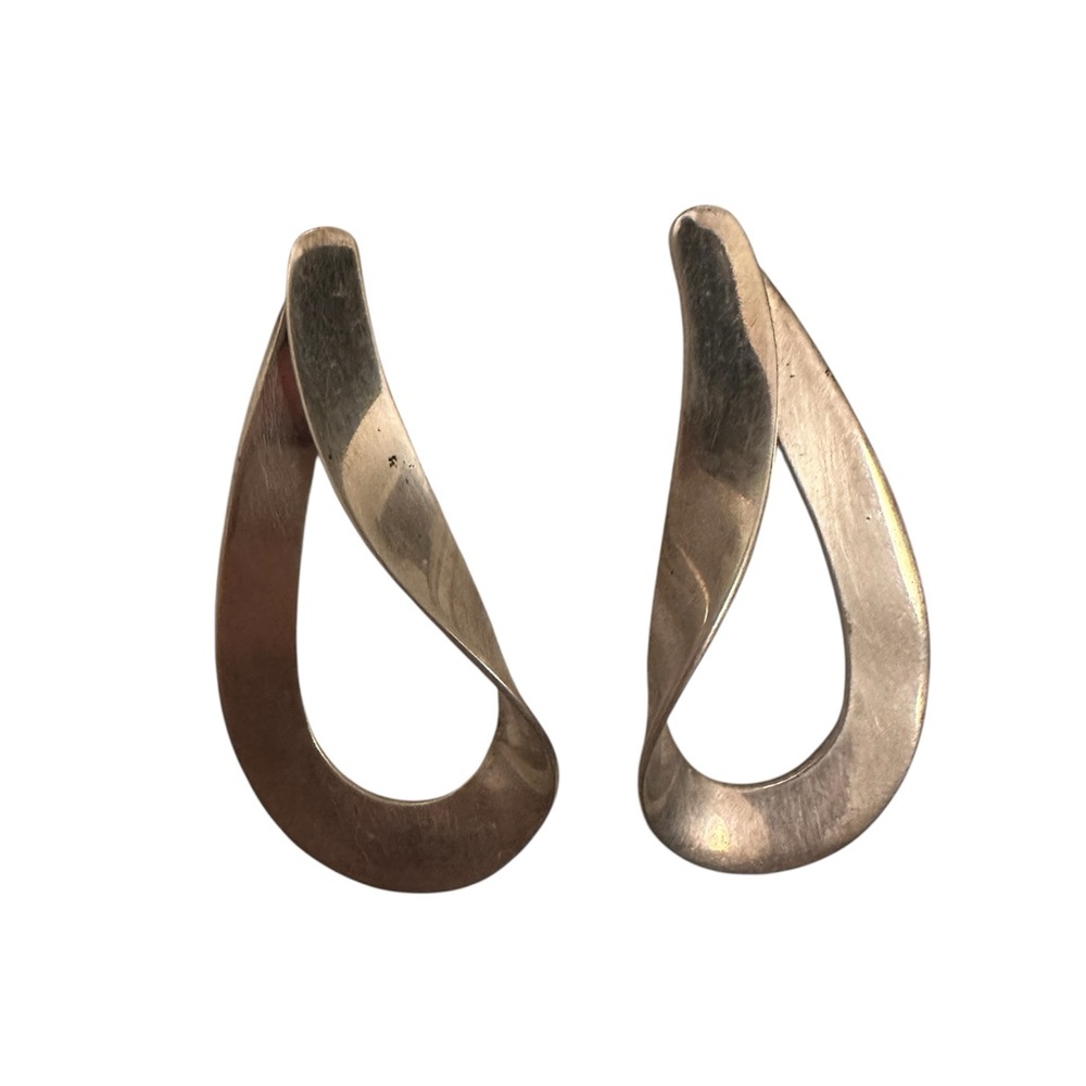 Vintage Modernist Sterling Silver Twist Hoop Earrings – 1970s Sculptural Design